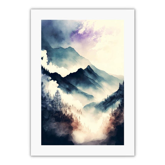 Plakat med bjerge dækket i tåge. farverig lilla himmel. plakaten passer til stue eller soveværelse