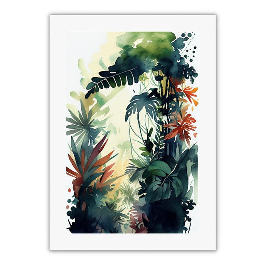 plakat med grønne og orange røde blomster i junglen. stilen er akvarel agtig og passer godt til stue eller plakatvæg