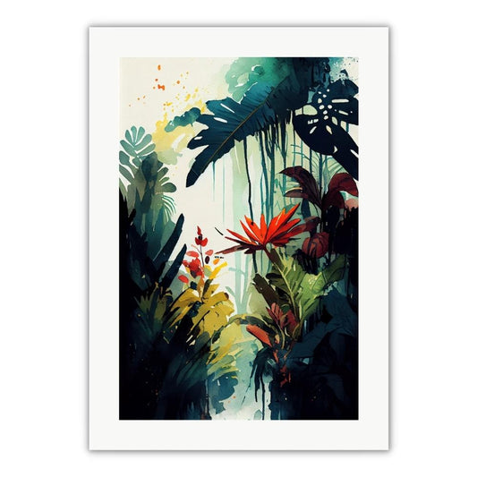 plakat til stuen eller plakatvæg med jungle i akvarel stil med flydende baggrundt og farverige blomster i rød og gul