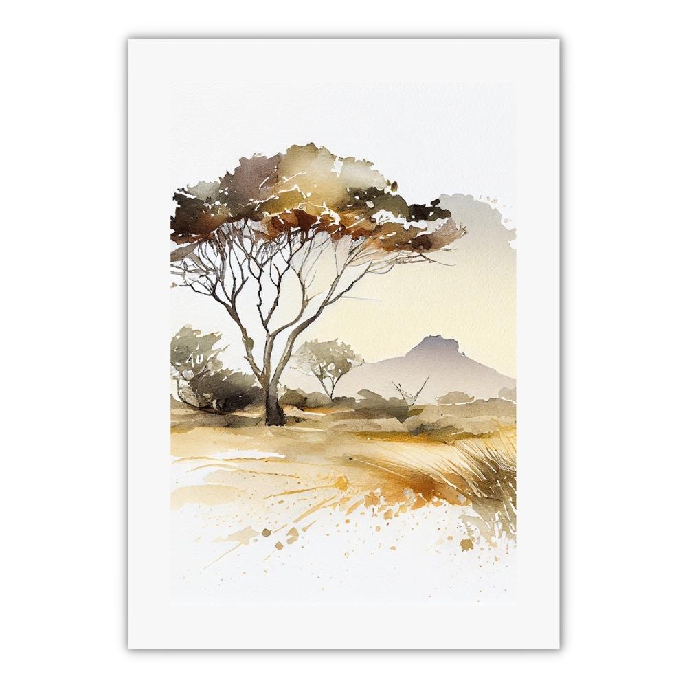 plakat i akvarel stil med savanne natur motiv i gyldne farver. til stuen, soveværelset eller plakatvæg