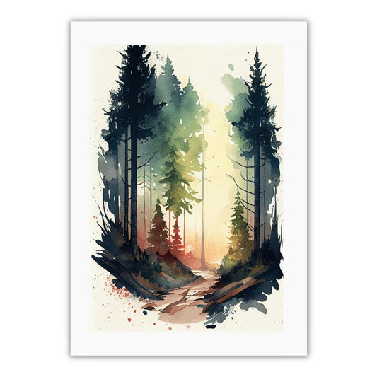 akvarel stil plakat med en skov i grønne og røde nuancer. Faded baggrund i lyse toner. Perfekt til moderne plakatvæg eller i stuen eller sommerhuset