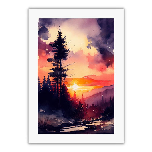 Plakat af solnedgang over skov i orange og lilla farver