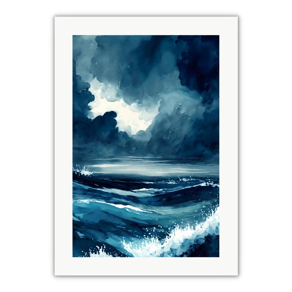 Plakat i akvarel stil med mørke blå indigo farver af en bølge i et stormfuldt hav. Perfekt til enhver plakatvæg i stuen
