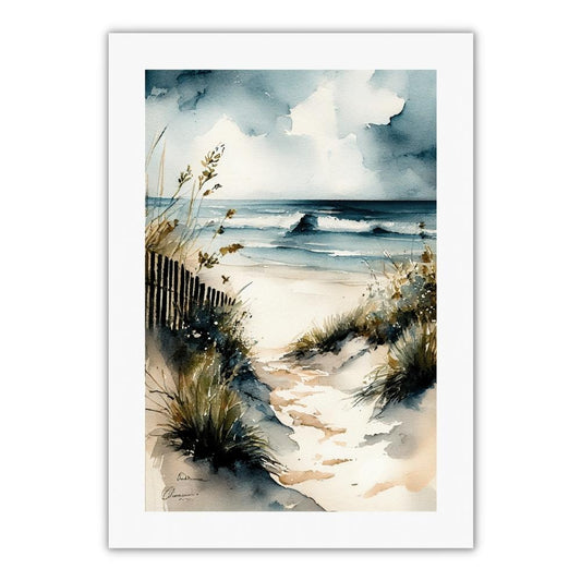 plakat af strand med sand og et stakit og græs og bølger på havet. plakat til sommerhus eller stue eller plakatvæg