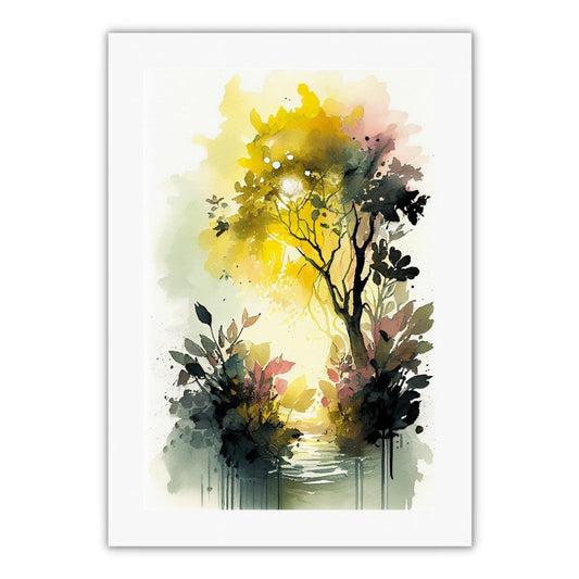 akvarel billede af solen bag et træ i gule og gyldne farver. plakat til soveværelse eller stue