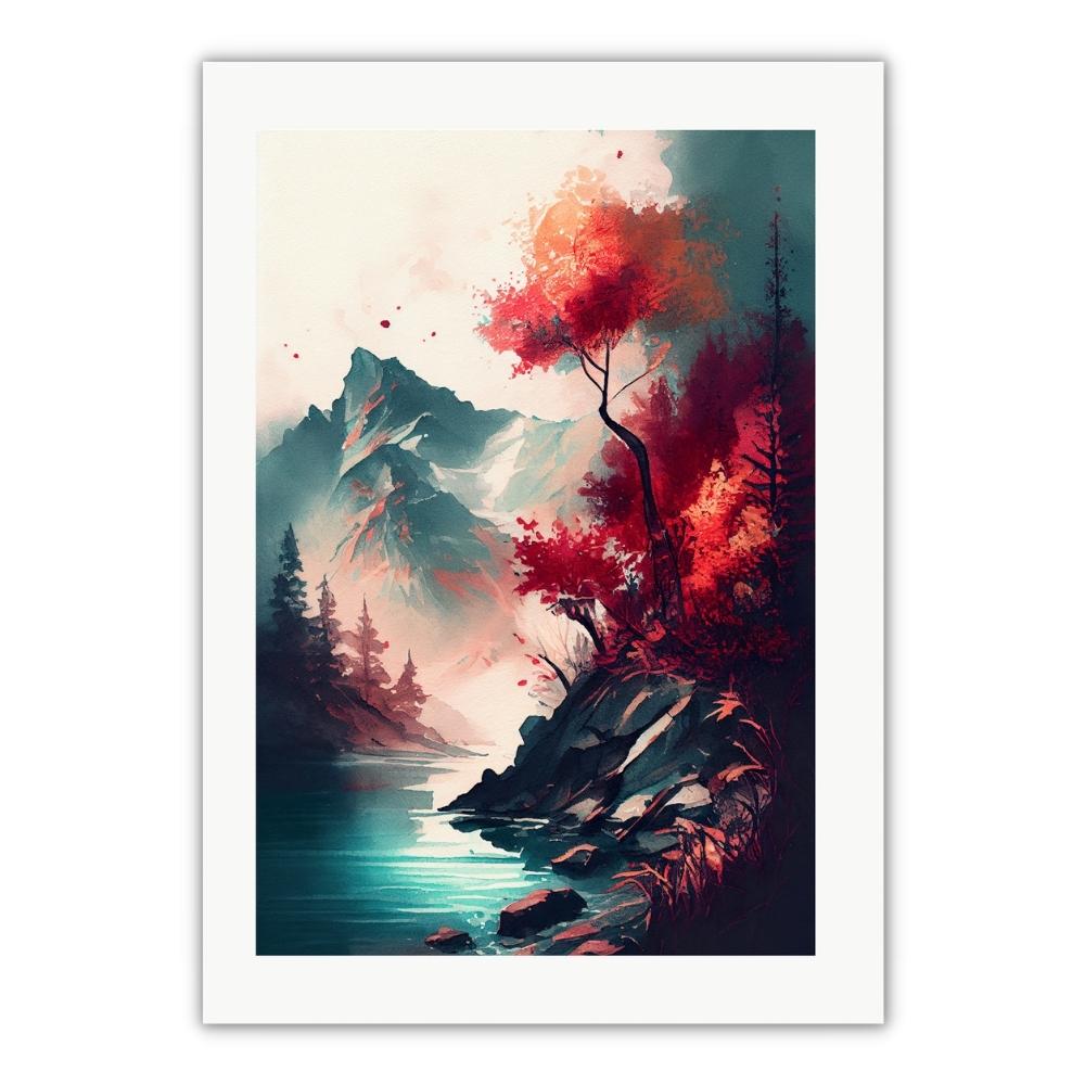Unik plakat i akvarel stil med bjerge, træer og vand. Røde træer og grå bjerge og blåt vand