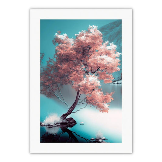 Plakat med rose træ på isblå sø