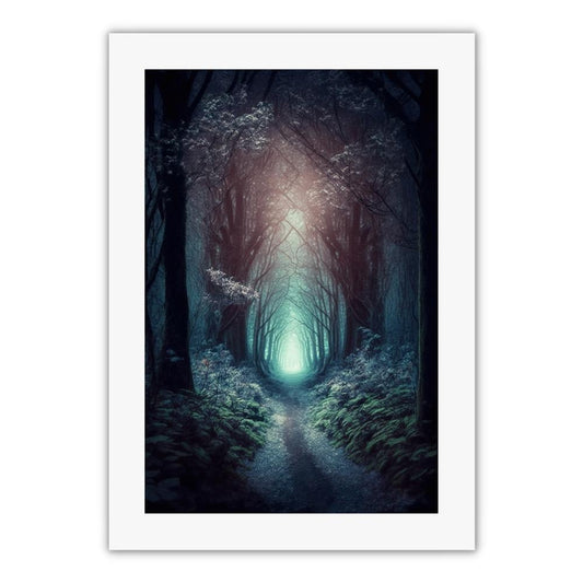 plakat til stuen, plakat til soveværelset, plakat med skov i mørke nuancer, lys for enden. magisk skov