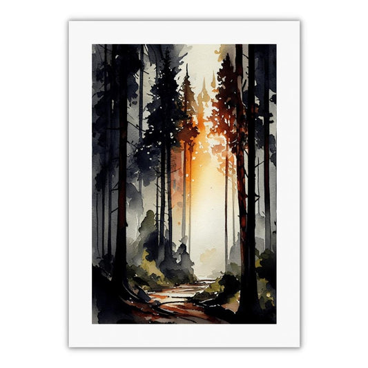 akvarel stil plakat med skov i gyldne farver. solopgang i skoven, nåletræer. plakat til plakatvæg, plakat til stuen