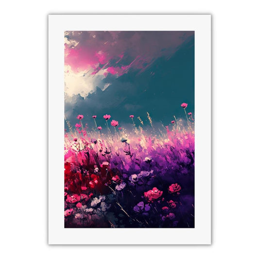 farverig plakat med maleri af farverige blomster på en mark. Lyserød og lilla blomster og en blå himmel bagved. god til plakatvæg eller plakat til stuen