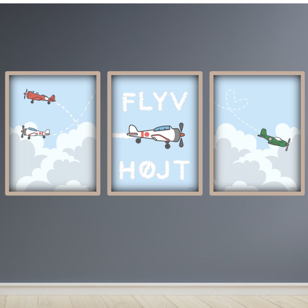 plakatvæg med 3 posters på børneværelset med flyvemaskiner