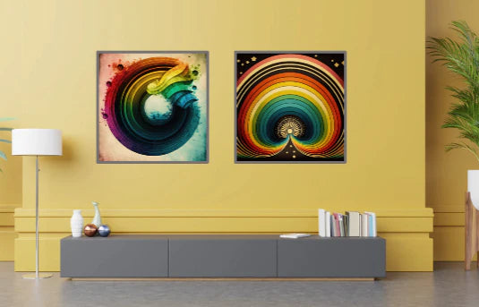 plakater til stuen med retro regnbue motiv. kvadratiske abstrakte plakater