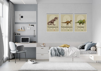Teenage værelse med dinosaurplakater med gul baggrund